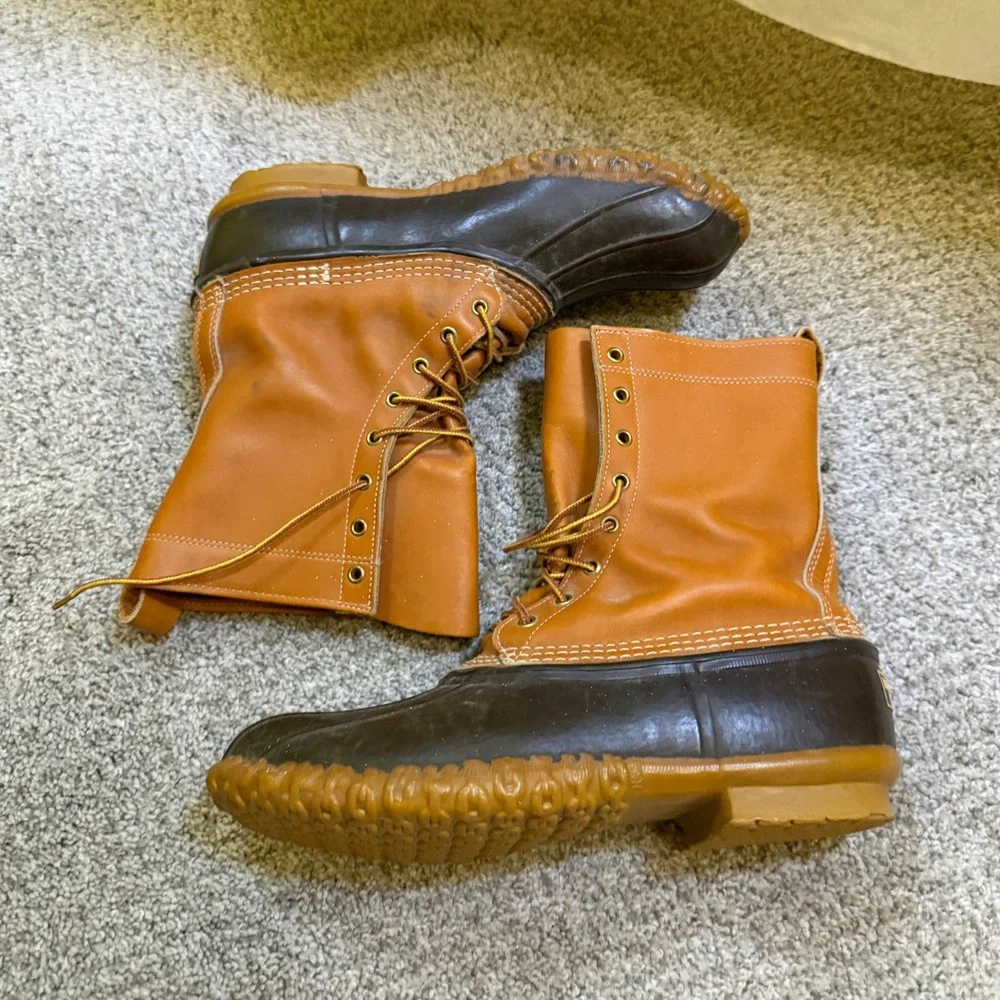 LL Bean 8 Inch Bean Boots Mens 11 M Tan Brown Leather Rubber Duck Boots USA Made